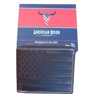 Men's Distressed Leather American Flag Bifold Brown Embossed Leather Wallet NIB